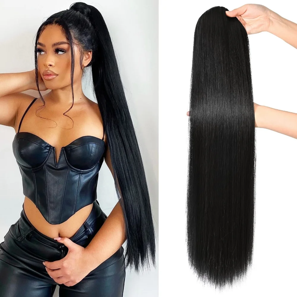 32” Long Straight Black‎ Ponytail — Drawstring Clip-In Extension Heat Resistant